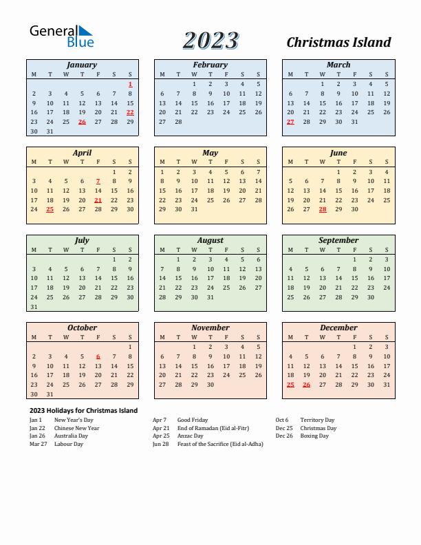 Christmas Island Calendar 2023 with Monday Start