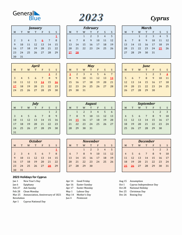 Cyprus Calendar 2023 with Monday Start