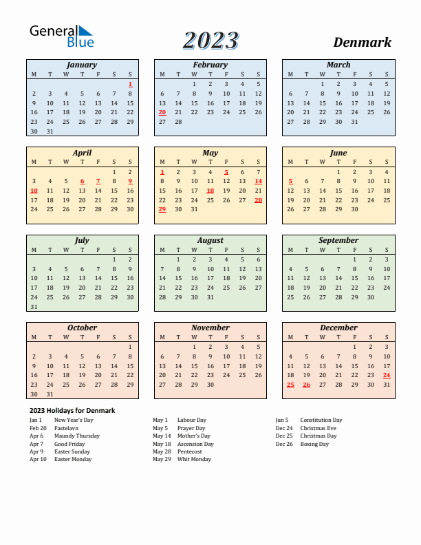 Denmark Calendar 2023 with Monday Start