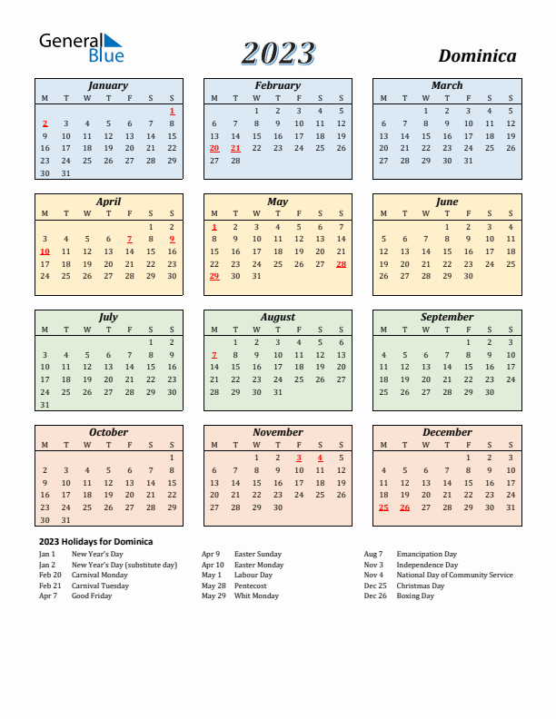 Dominica Calendar 2023 with Monday Start