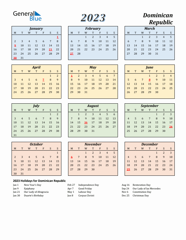 Dominican Republic Calendar 2023 with Monday Start