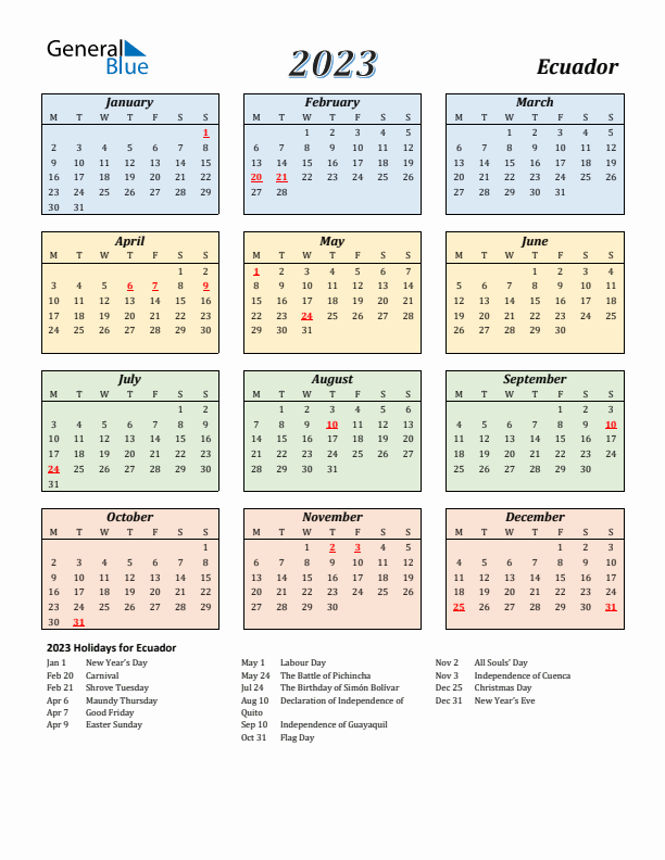 Ecuador Calendar 2023 with Monday Start