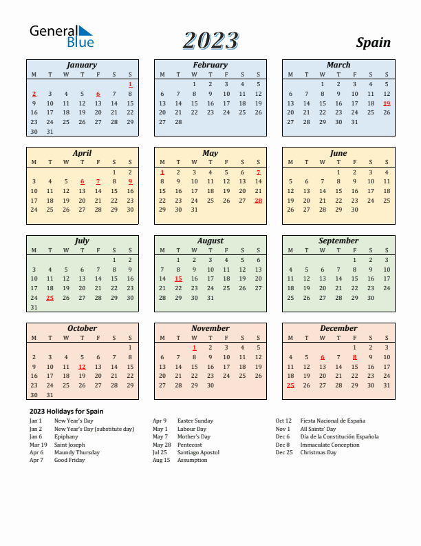 Spain Calendar 2023 with Monday Start
