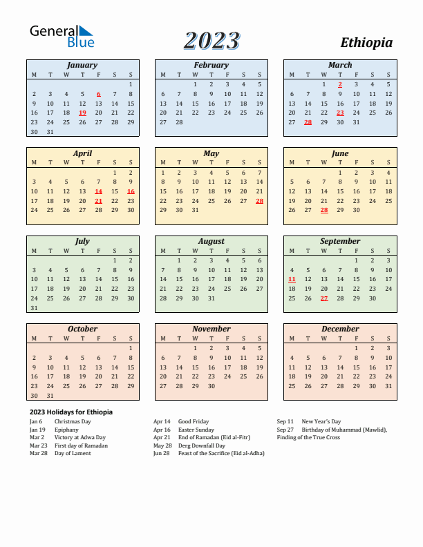 Ethiopia Calendar 2023 with Monday Start