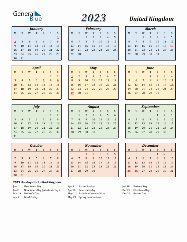 United Kingdom Calendar 2023 with Monday Start