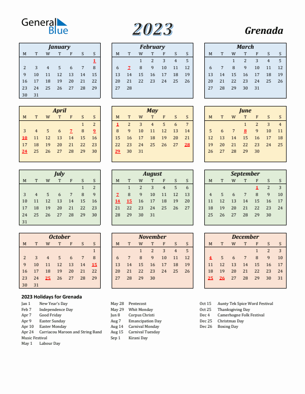 Grenada Calendar 2023 with Monday Start