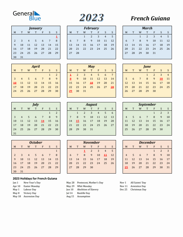 French Guiana Calendar 2023 with Monday Start