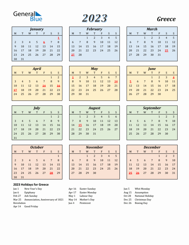 Greece Calendar 2023 with Monday Start