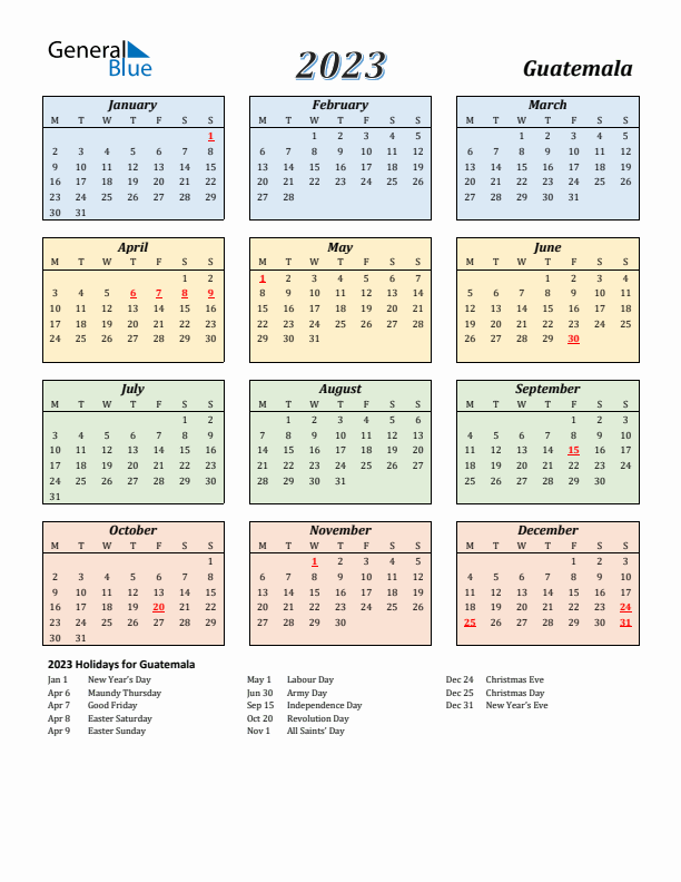 Guatemala Calendar 2023 with Monday Start