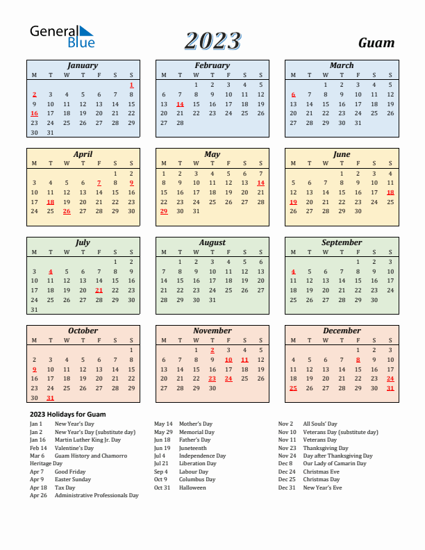 Guam Calendar 2023 with Monday Start