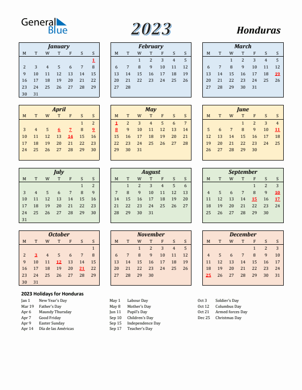 Honduras Calendar 2023 with Monday Start