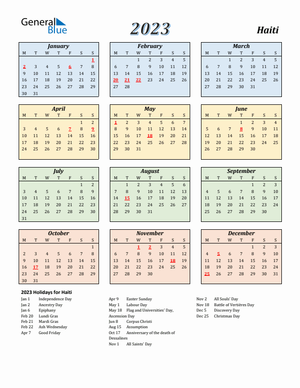 Haiti Calendar 2023 with Monday Start