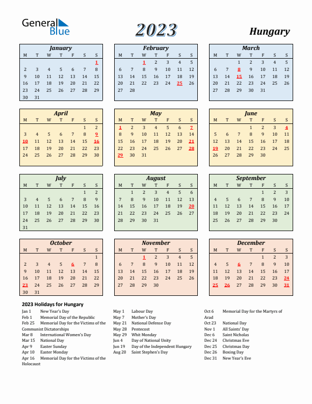 Hungary Calendar 2023 with Monday Start