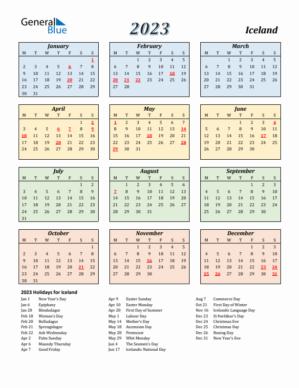 Iceland Calendar 2023 with Monday Start