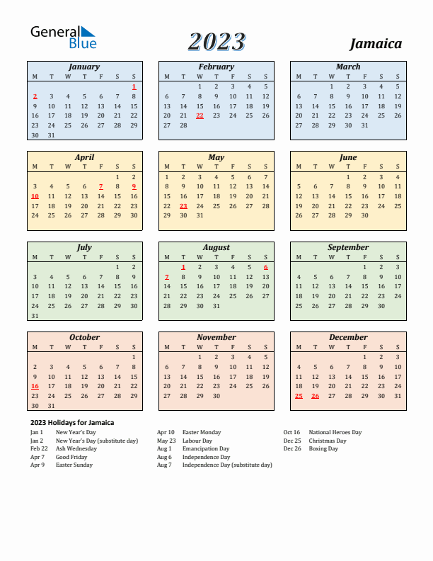 Jamaica Calendar 2023 with Monday Start
