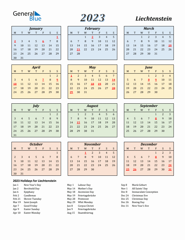 Liechtenstein Calendar 2023 with Monday Start