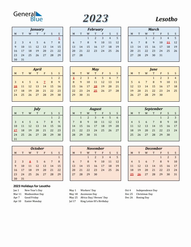Lesotho Calendar 2023 with Monday Start