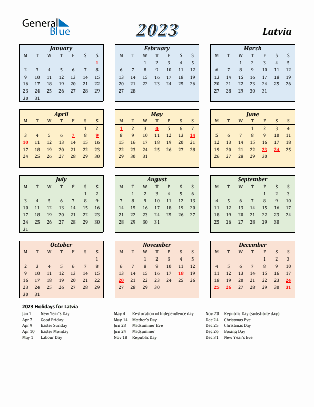 Latvia Calendar 2023 with Monday Start