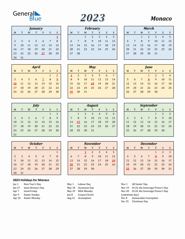 Monaco Calendar 2023 with Monday Start