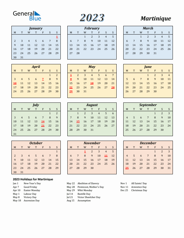 Martinique Calendar 2023 with Monday Start