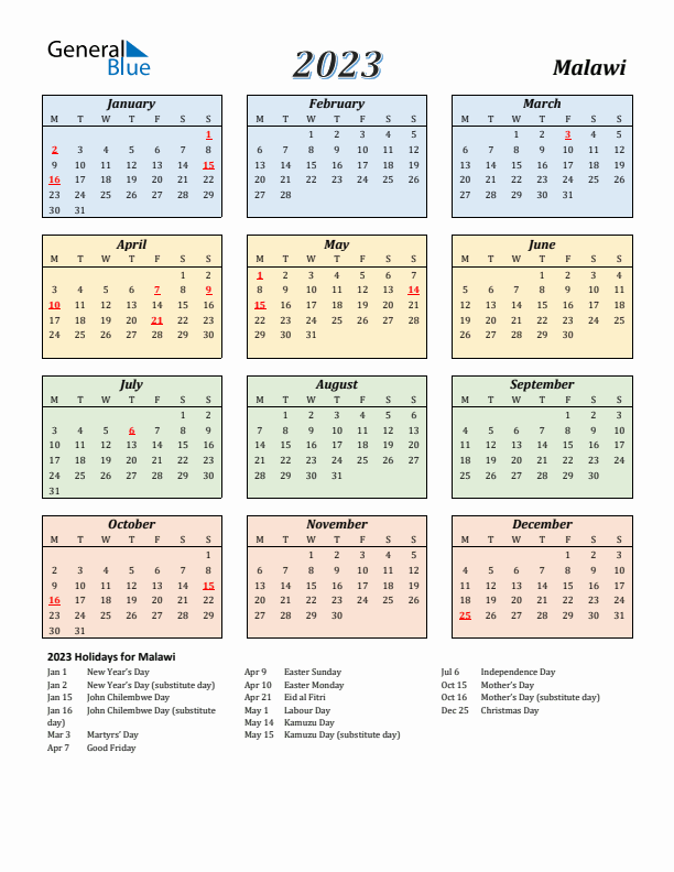 Malawi Calendar 2023 with Monday Start