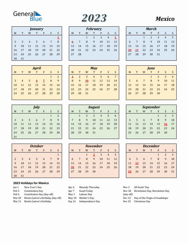 Mexico Calendar 2023 with Monday Start