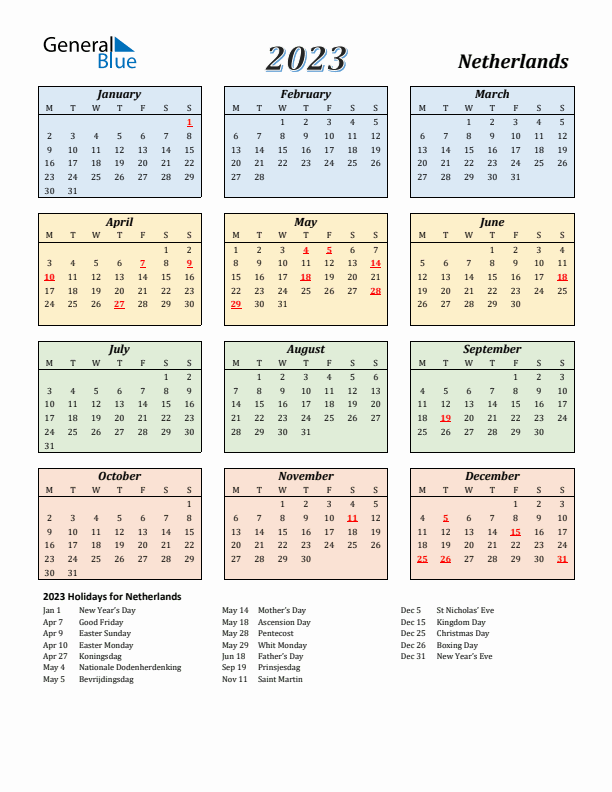 The Netherlands Calendar 2023 with Monday Start