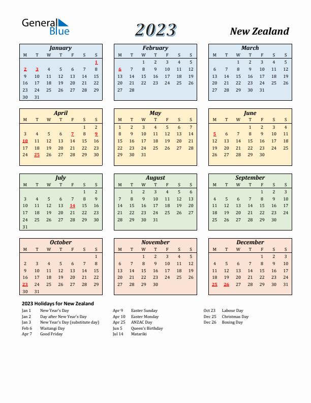 New Zealand Calendar 2023 with Monday Start