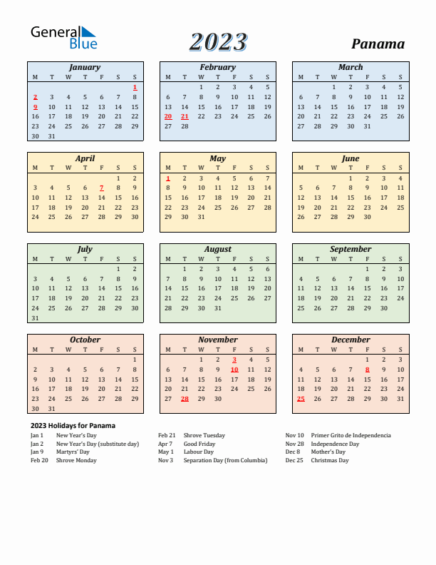 Panama Calendar 2023 with Monday Start