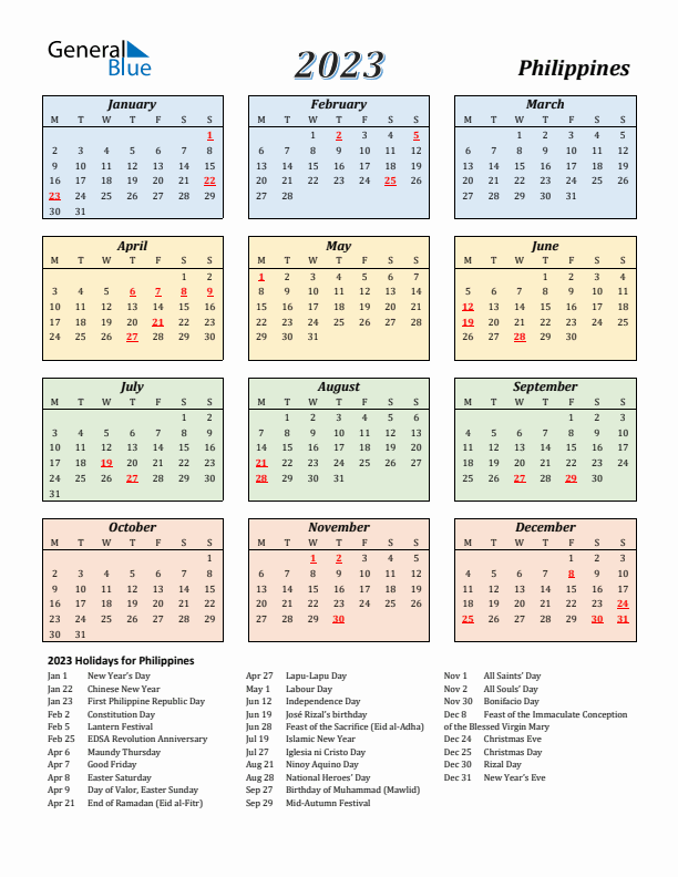 Philippines Calendar 2023 with Monday Start