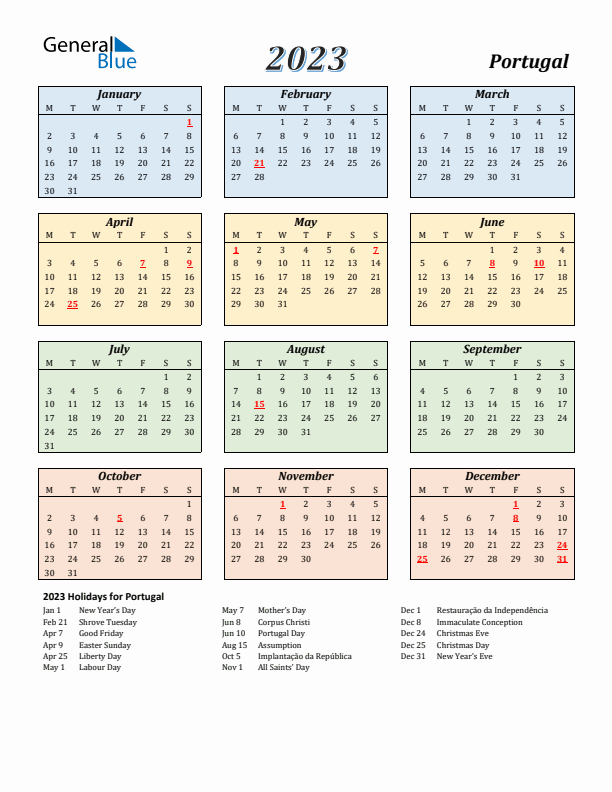 Portugal Calendar 2023 with Monday Start