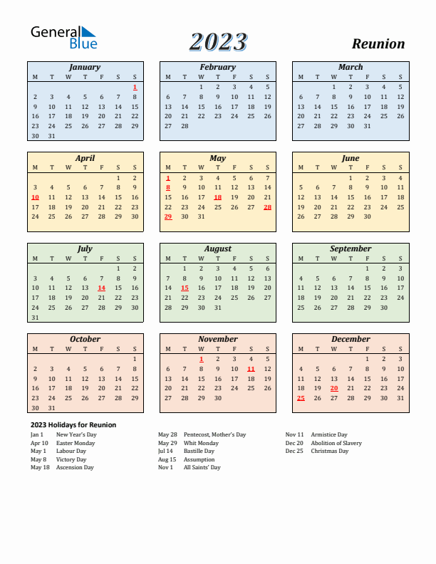 Reunion Calendar 2023 with Monday Start