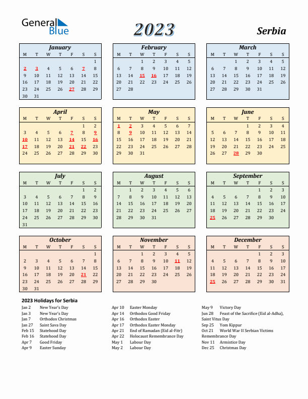 Serbia Calendar 2023 with Monday Start