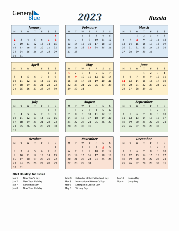 Russia Calendar 2023 with Monday Start