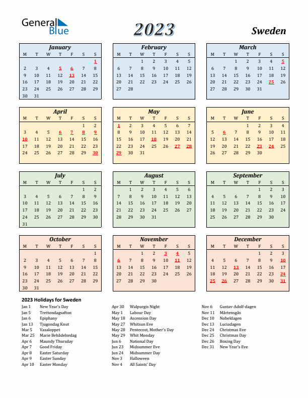 Sweden Calendar 2023 with Monday Start