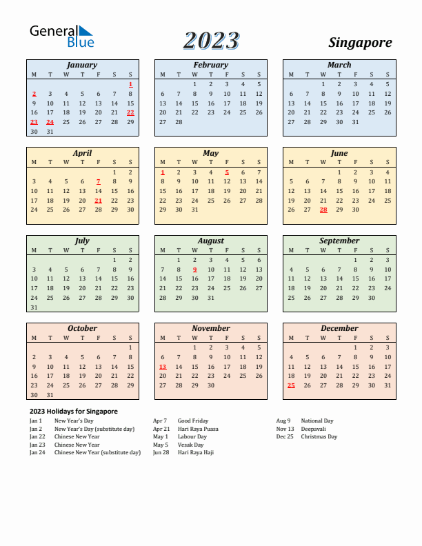 Singapore Calendar 2023 with Monday Start