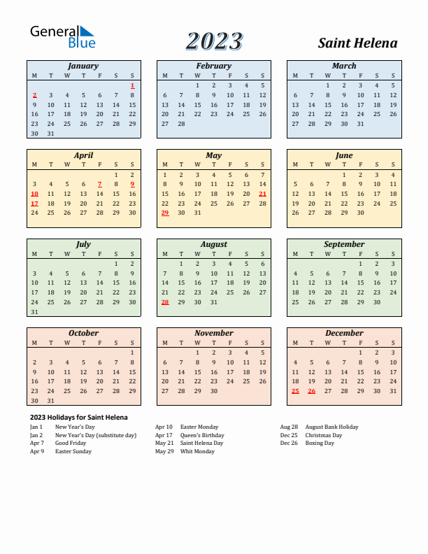 Saint Helena Calendar 2023 with Monday Start