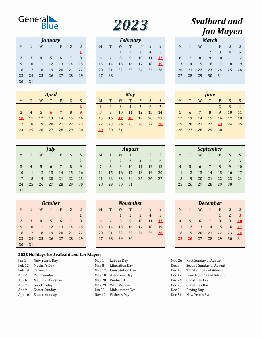 2023 Svalbard And Jan Mayen Calendar With Monday Start