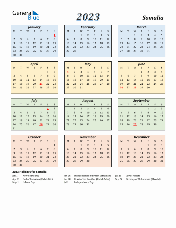 Somalia Calendar 2023 with Monday Start