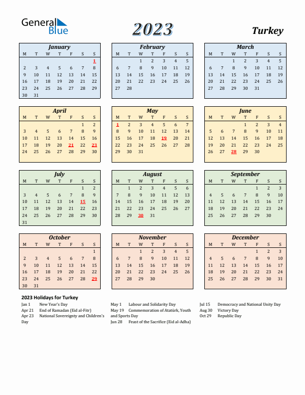Turkey Calendar 2023 with Monday Start