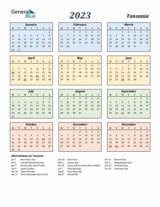 Tanzania Calendar 2023 with Monday Start
