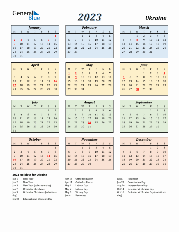 Ukraine Calendar 2023 with Monday Start