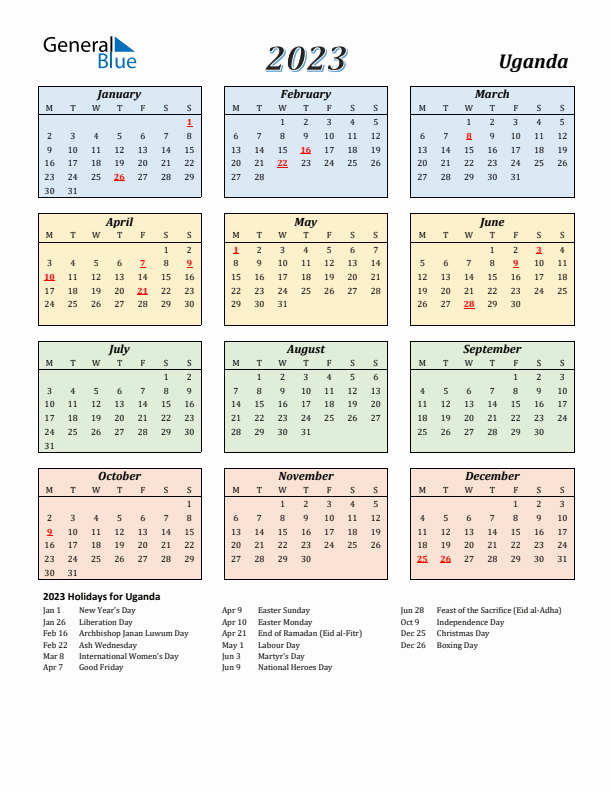 Uganda Calendar 2023 with Monday Start
