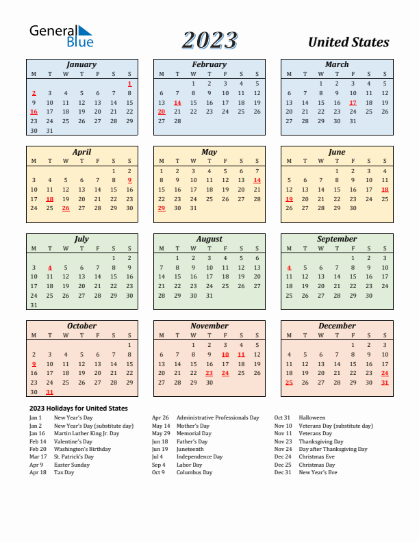 United States Calendar 2023 with Monday Start