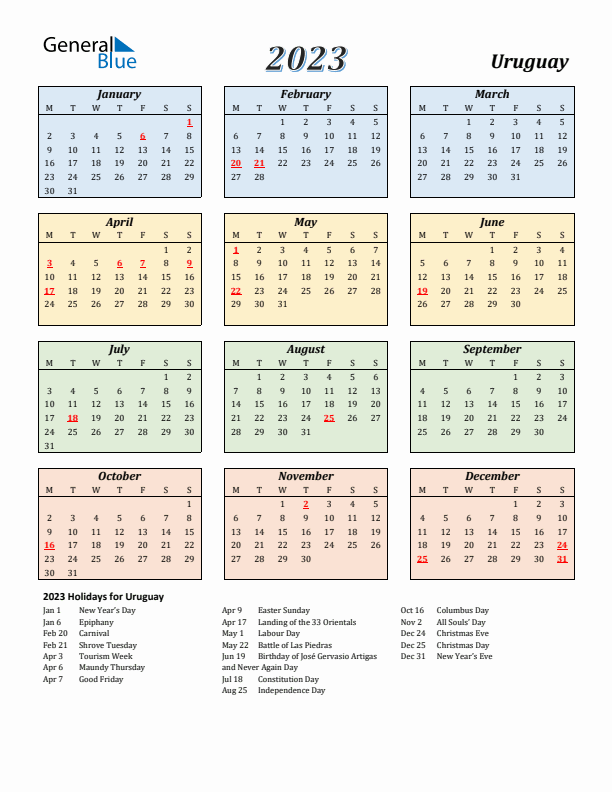 Uruguay Calendar 2023 with Monday Start