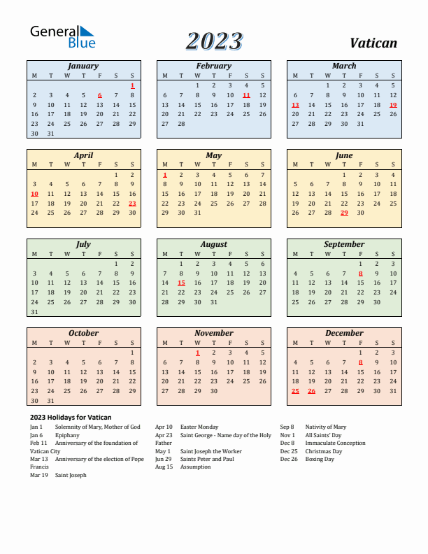 Vatican Calendar 2023 with Monday Start