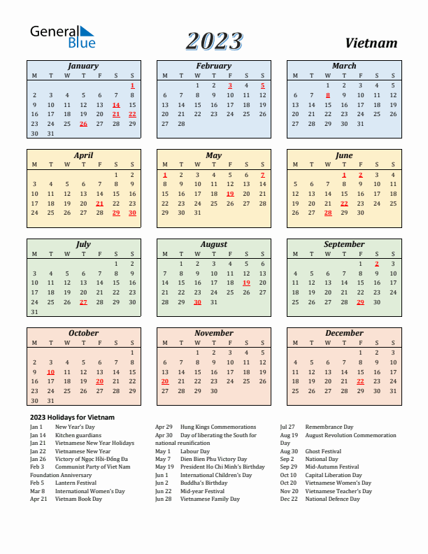 Vietnam Calendar 2023 with Monday Start