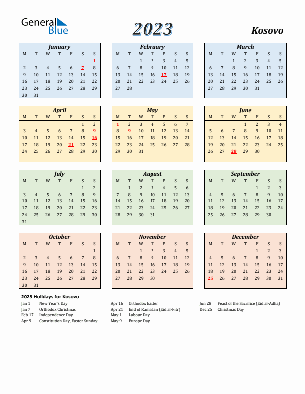 Kosovo Calendar 2023 with Monday Start