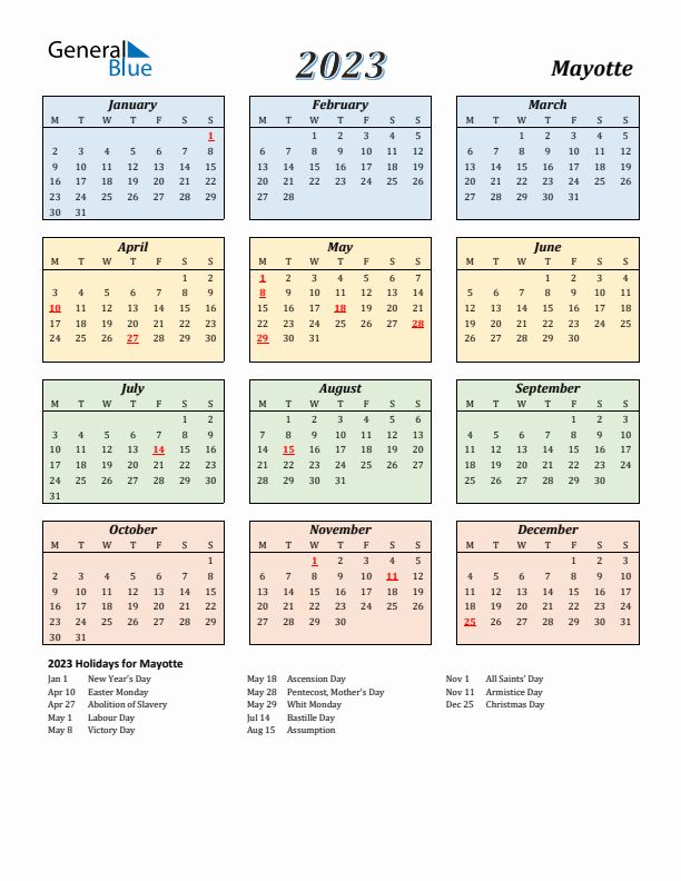 Mayotte Calendar 2023 with Monday Start