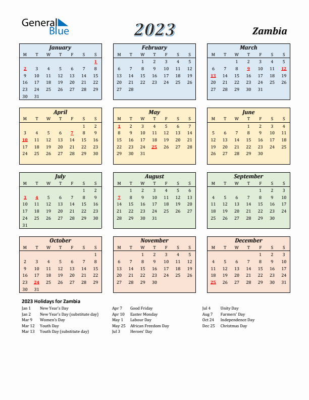 Zambia Calendar 2023 with Monday Start